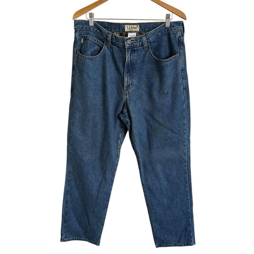 LL Bean Mens 36 X 30 Classic Fit Plaid Lined Jeans Straight Leg 100% Cotton Blue
